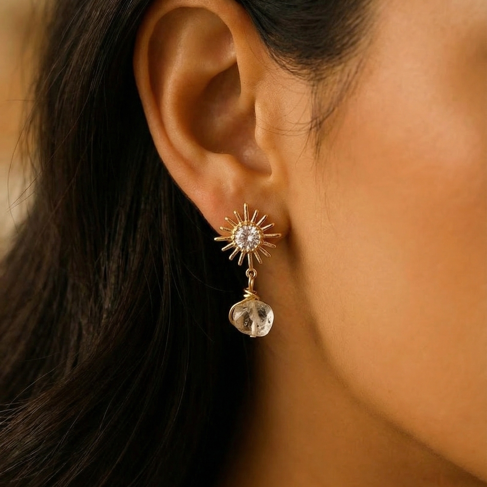 Gold Sunburst Drop Earrings with Clear Gemstone